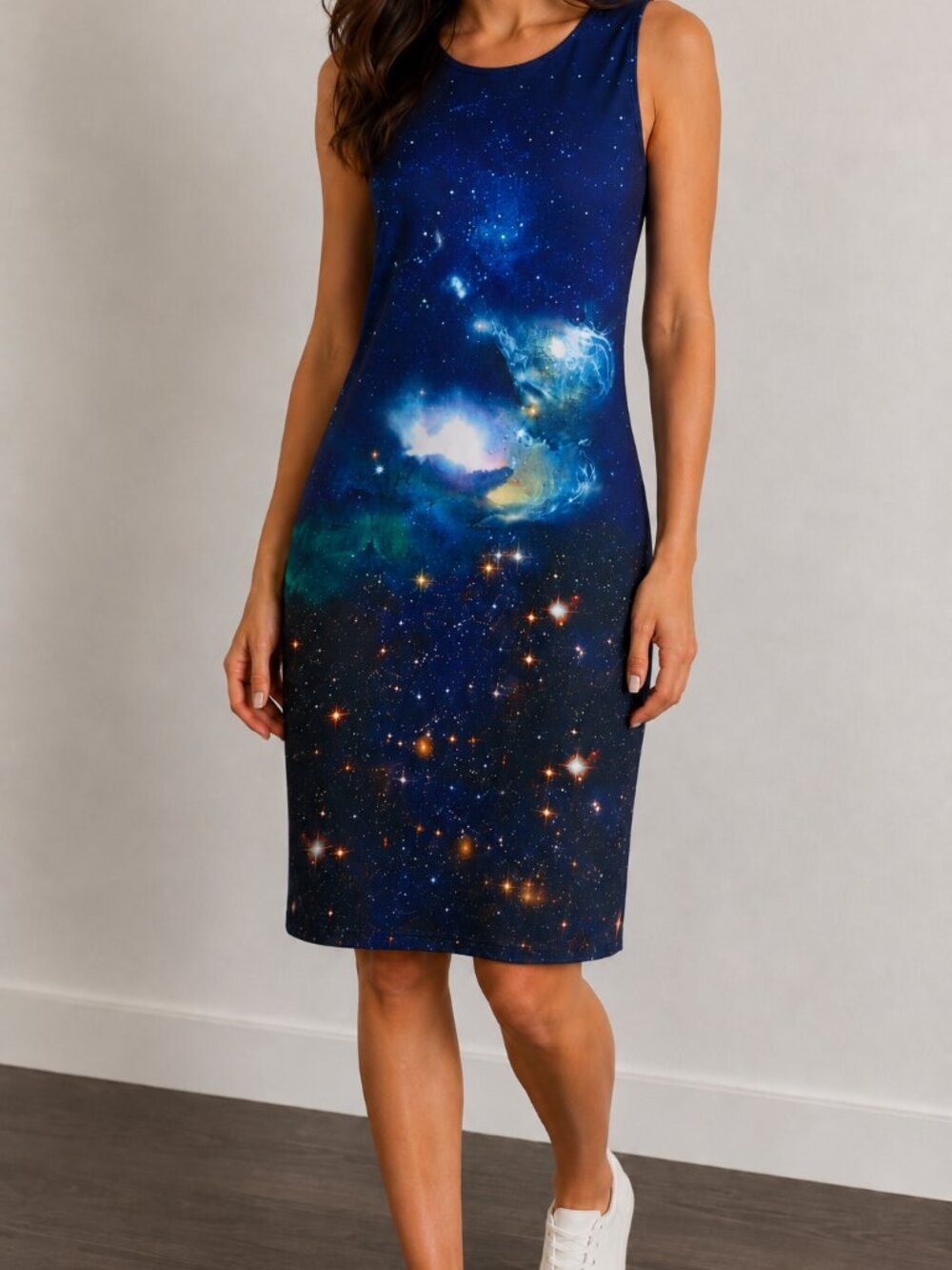 Pullover Dress Galaxy Space Cosmic Graphic Print Blue Knee-Length S/M Sky Stars